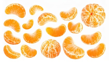 High-resolution image of mandarin orange slices and whole fruit showcasing vibrant colors and textures on a white background.