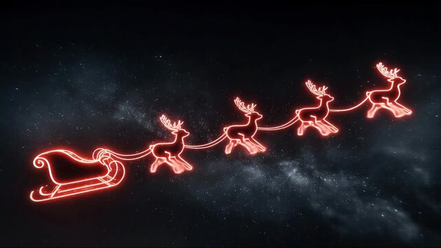 Neon santa Claus in a reindeer wagon chariot with sled red color image flat style