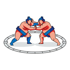 Sumo wrestlers facing each other in a competitive match on the ring.