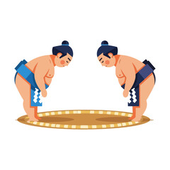 Sumo wrestlers bowing before the match in the ring.