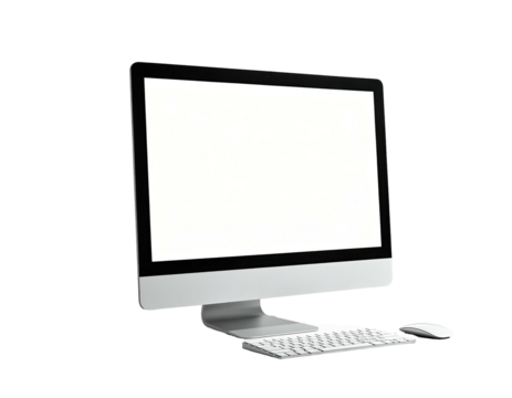 Angled view of a modern all-in-one desktop computer with accessories, isolated