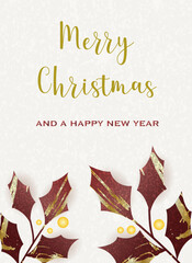 Festive card with 'Merry Christmas and a Happy New Year' text and holly leaves with decorative golden accents