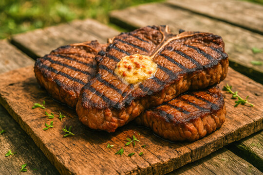 Juicy, perfectly grilled T-bone steaks with char marks and melted herb butter served on a rustic wooden board outdoors.