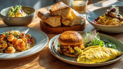 A variety of dishes displayed on a wooden table in natural sunlight setting