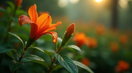 Nature Macro of Dew Laden Foliage, Branches, and Orange Bud in Moody Morning Atmosphere