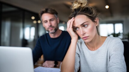 Fototapeta premium Stressed entrepreneur couple working late in modern office facing financial challenges and deadlines
