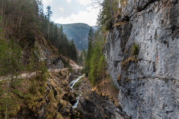 Waldbachstrub Waterfall near Hallstatt, Austria, flowing through a narrow alpine gorge
