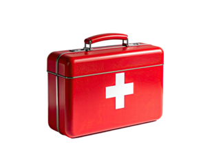 A red metal first aid kit with a white cross emblem, handle, and latches