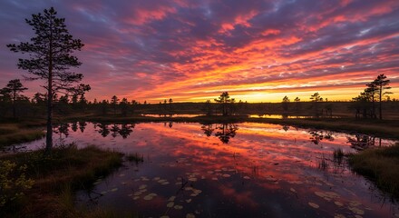 Vibrant sunset over calm water with reflections and silhouettes of trees