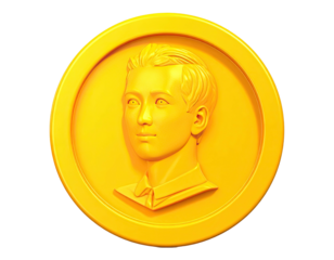 A shiny, gold coin featuring a young man's head in relief