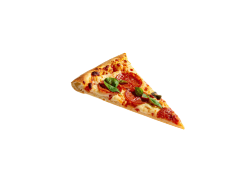 A perfectly isolated pizza slice with pepperoni, cheese, and basil on a black background