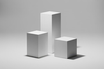 White geometric pedestals for showcasing products on a studio background. Minimalist 3D render of three display stands with realistic shadows