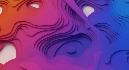 A layered colorful abstract composition with topographical contours ranging from orange to blue hues