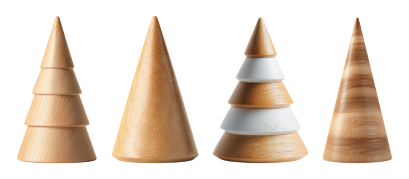 Natural abstract wooden cone shaped Christmas trees isolated on transparent background