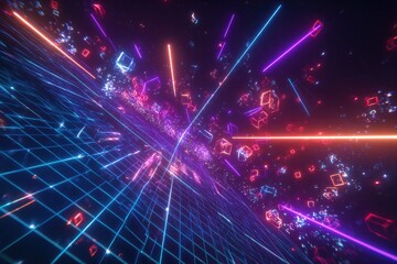 Obraz premium Digital abstract art, a grid tunnel with neon lights and cubes in a dark universe
