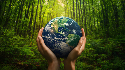 Hands holding planet Earth surrounded by forest greenery, concept of ecology, nature preservation, and sustainable future protecting biodiversity and natural resources.