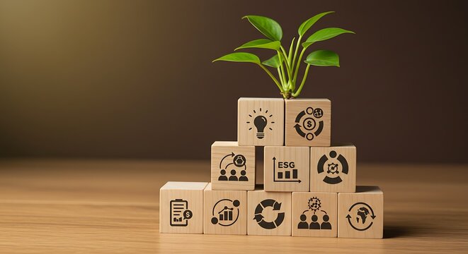 Wooden blocks with icons and growing plant symbolizing growth and development