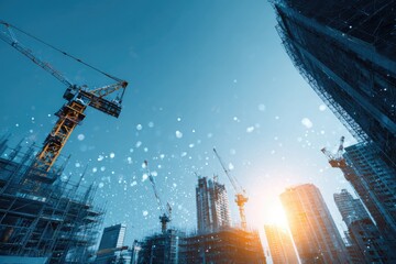 Low angle perspective of a construction site with multiple cranes against a bright, clear sky
