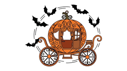 Magical Pumpkin Carriage with Bats: An enchanting pumpkin carriage, a symbol of fantasy, adorned with intricate designs, sets a whimsical scene, circled by whimsical bat silhouettes.