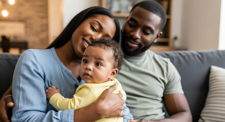 Fototapeta premium Happy Black family. Black mom and dad showing their Black baby while sitting on a bed. Demographics. Motherhood. Birth rate