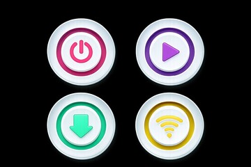Set of four illuminated circular icons representing power play download and wifi on a dark background