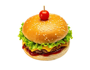 Delicious burger with sesame seed bun, tomato, lettuce, cheese, and ketchup, ready to eat
