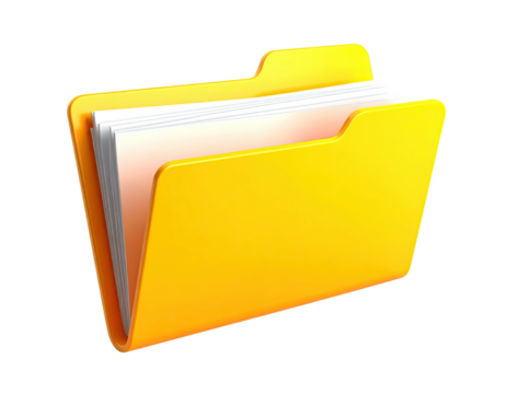A 3D-rendered, glossy yellow folder filled with white paper sheets, isolated