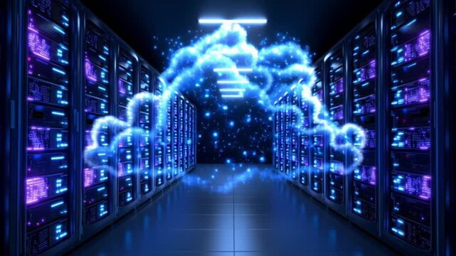 Glowing cloud server data center virtualized mainframe technology futuristic blue digital network illuminated storage computing information security infrastructure internet connection modern