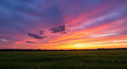 Vibrant sunset over field dramatic sky with colorful clouds and light