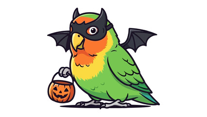 Halloween Parrot Illustration: A vibrant parrot adorned with a bat mask and wings, carrying a Halloween-themed bucket, ready for a night of spooky fun.