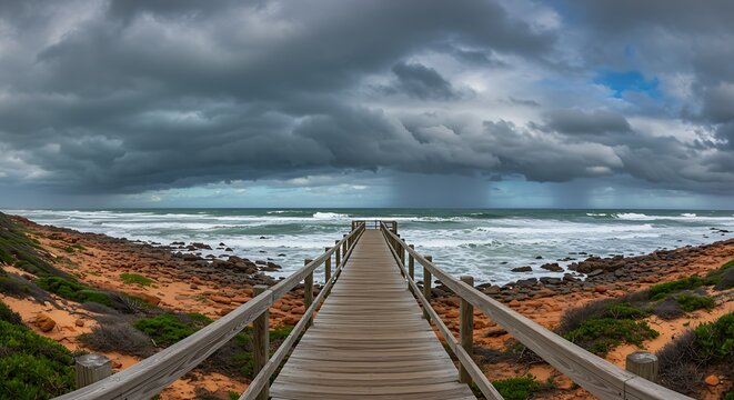 Wooden boardwalk extends to ocean under dark dramatic storm clouds
