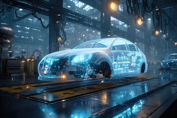 A futuristic factory scene showcasing a transparent vehicle revealing inner workings