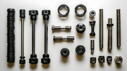 Fototapeta premium Brand new automotive power steering rack parts set featuring rods, rubber boots, and shafts, organized on white surface for vehicle repair and maintenance concept.
