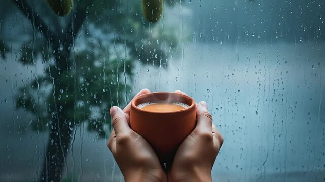 Hands holding clay cup of hot steaming bangladeshi cha while watching the rain outside