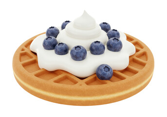 Isolated waffle with whipped cream and blueberries for breakfast or dessert, sweet treat