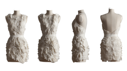 Four views of a sculpted, textured, light beige dress on mannequins