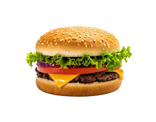 A delicious, fully-loaded burger with sesame seed bun, isolated on black