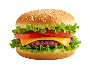 Delicious hamburger with sesame bun, lettuce, tomato, cheese, and a cooked patty