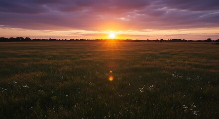 Vibrant sunset over field landscape with golden sunlight and dramatic clouds