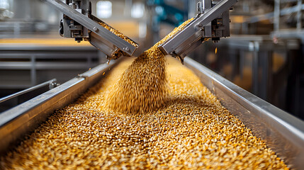 High-tech grain processing plant featuring conveyor systems and automated machines handling large volumes of seeds, representing modern agriculture and food industry logistics.