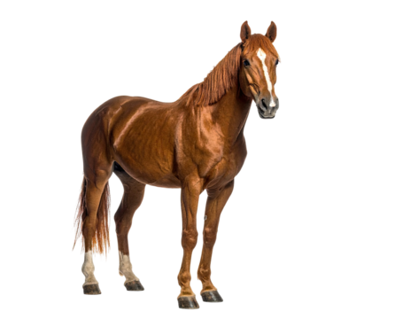 A majestic brown horse with a white blaze stands on a transparent background - Powered by Adobe