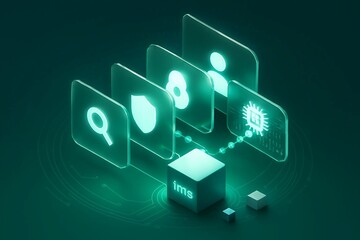 Digital transformation concept with glowing icons representing data security and user profiles in a futuristic network