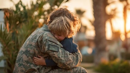 Tender Reunion: A soldier shares a heartwarming embrace with a child, their bond radiating warmth and love against a soft, sun-kissed backdrop.