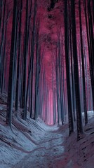 Enchanting forest scene at dusk with tall slender trees illuminated by vibrant purple and pink sunset colors creating a magical atmosphere in nature