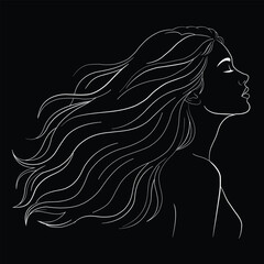 This elegant line art illustration features a profile of a woman with long, flowing hair, set against a black background.