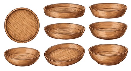 Wooden bowls and trays collection isolated kitchenware design elements