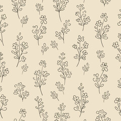 Hand drawn seamless floral pattern with simple little flower branch. Doodle sketch line style. Vector illustration for nature foliage wallpaper, background, textile design