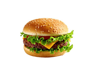 A delicious burger with a sesame seed bun, cheese, lettuce, tomato, and patty