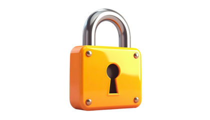 Vivid orange padlock with silver shackle, keyhole, and bolts isolated on black