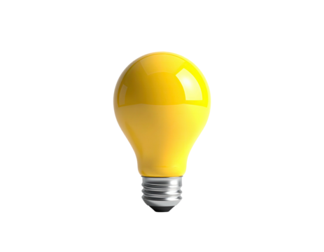 A glowing yellow lightbulb with a silver base against a stark black background